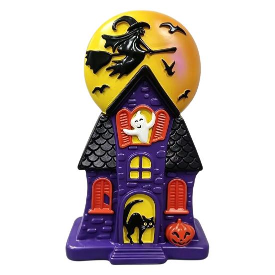 Witch Moon Glow Lanterns Halloween Haunted House Blow Mold Light, Vintage Pre-Lit Mansion Decor with Glowing Style Molded Ghost Black Cat, Indoor