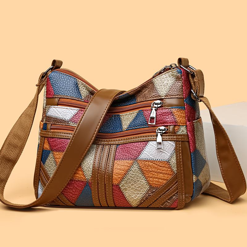 Borsa a tracolla multistrato con decorazione a quadri a blocchi di colore, grande capacità, per uso quotidiano, per donna, vintage
