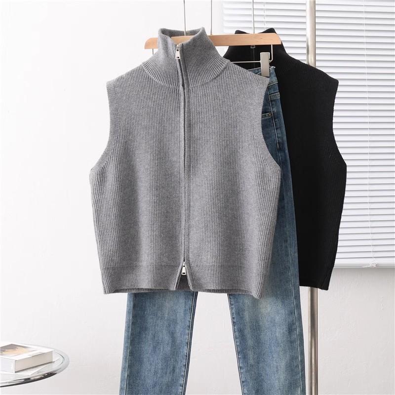 

Ретро воротник стойка камзол вязаный женский жилет весна осень свободный без рукавов свитер на молнии кардиган L серый