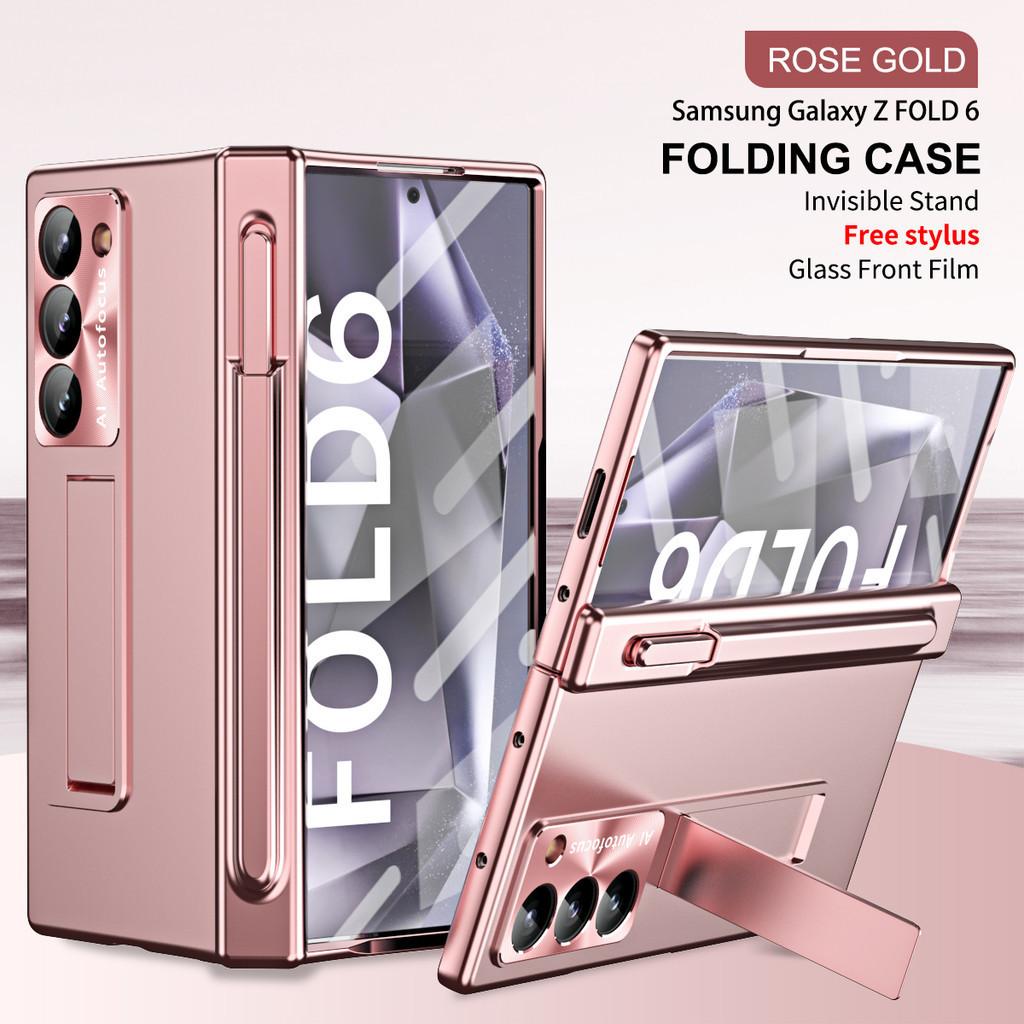 Galvanisiertes Klappgehäuse mit Stiftschlitz für Samsung Galaxy Z Fold 6 Fold5 Fold4 3 5G, gehärtete Folie, Hartschutz, Klapphülle, Halter, Ständer
