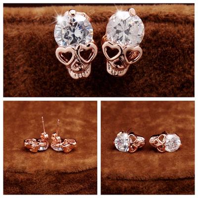 Women Girl Punk Rhinestone Zircon Skull Head Bone Antiallergic Earrings Ear Studs Ornaments Gift