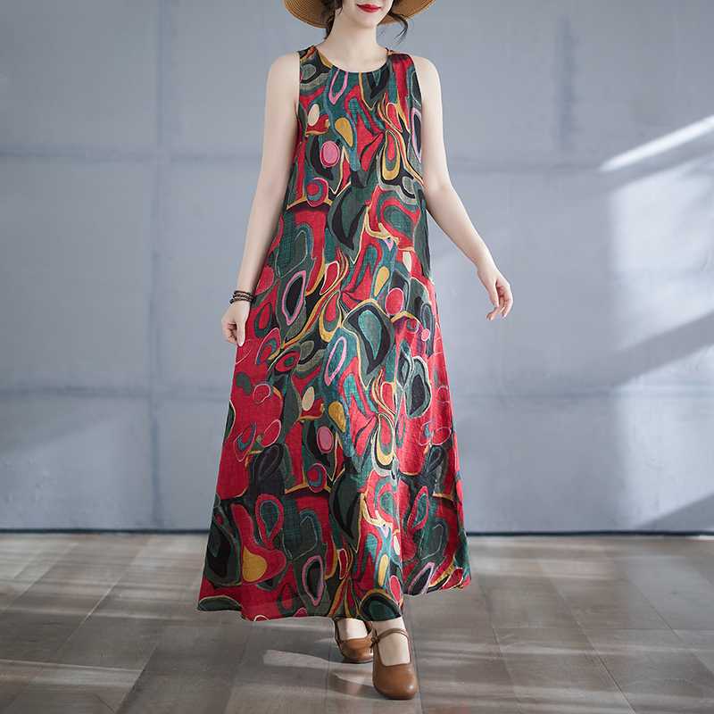 Long Skirt Summer New Sleeveless Round Neck Printed Dress