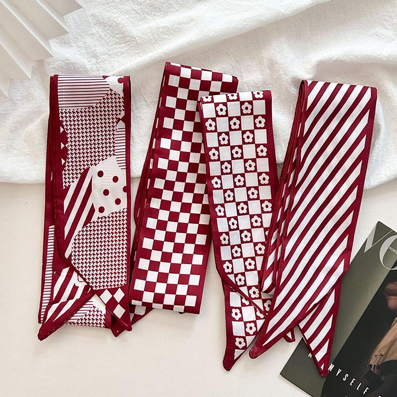 Luxury  Scarf Red Stripe Printing Women Scarf Bag Hair Skinny Silk Scarves Lady Foulard Neckerchief Headband