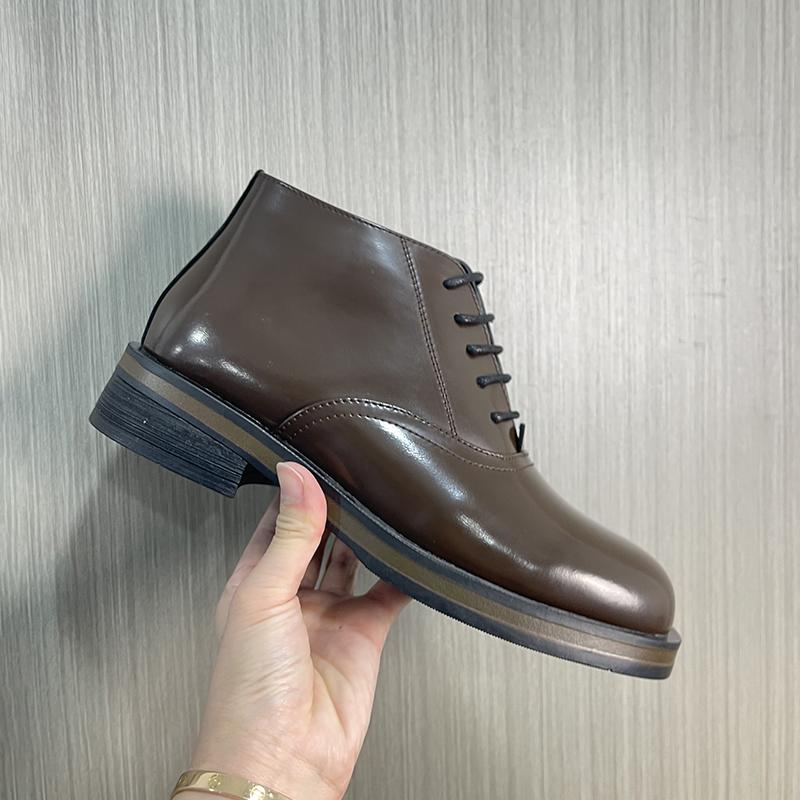 

2026 Autumn Winter Men s Brown Glossy Leather Ankle Boots, Lace Up & Side Zipper Design, Round Toe Low Heel Fashion Casual Boots 38 коричневый