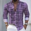 Men's Irregular Line Grid 3D Printed Long Sleeved Shirt, Business Casual Lapel Button Up Cardigan