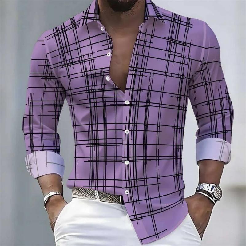 Men's Irregular Line Grid 3D Printed Long Sleeved Shirt, Business Casual Lapel Button Up Cardigan