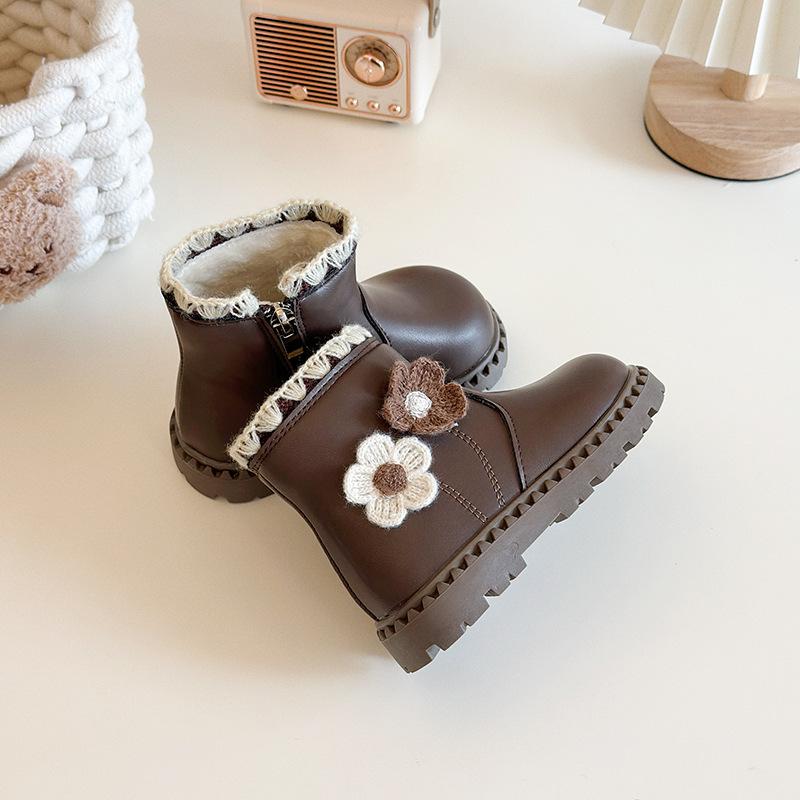 Kids Flower Decor Fleece Lined Ankle Boots 23 коричневый