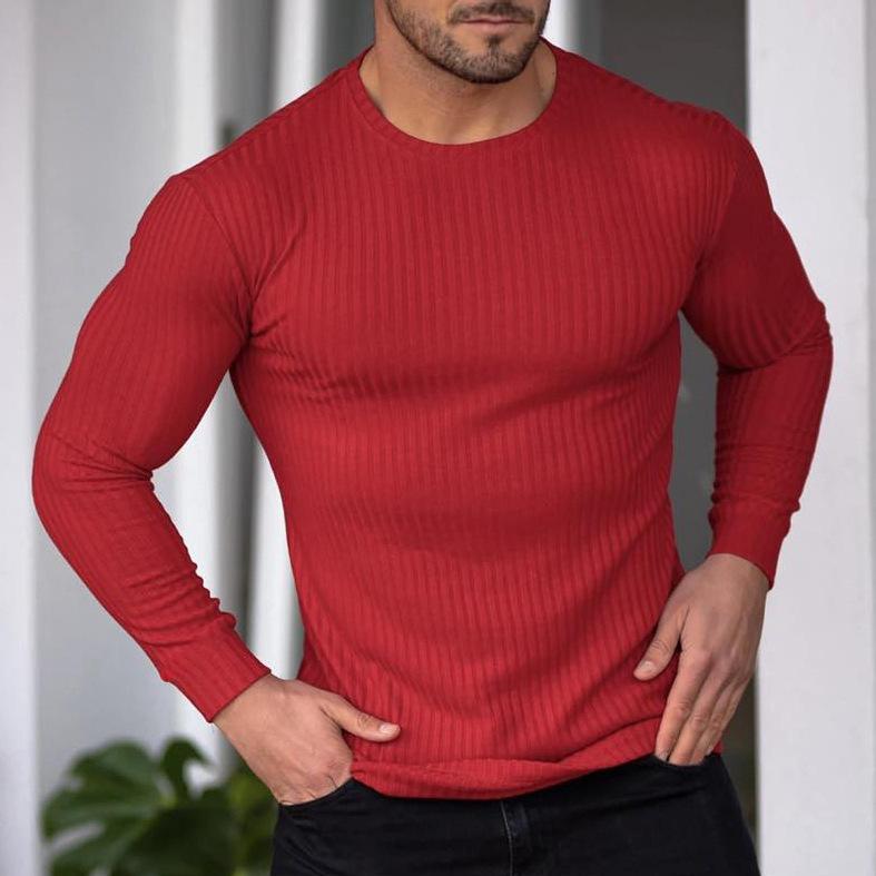 Men Casual Sports Fitness Elastic Vertical Stripe Round Neck Long Sleeve T Shirt