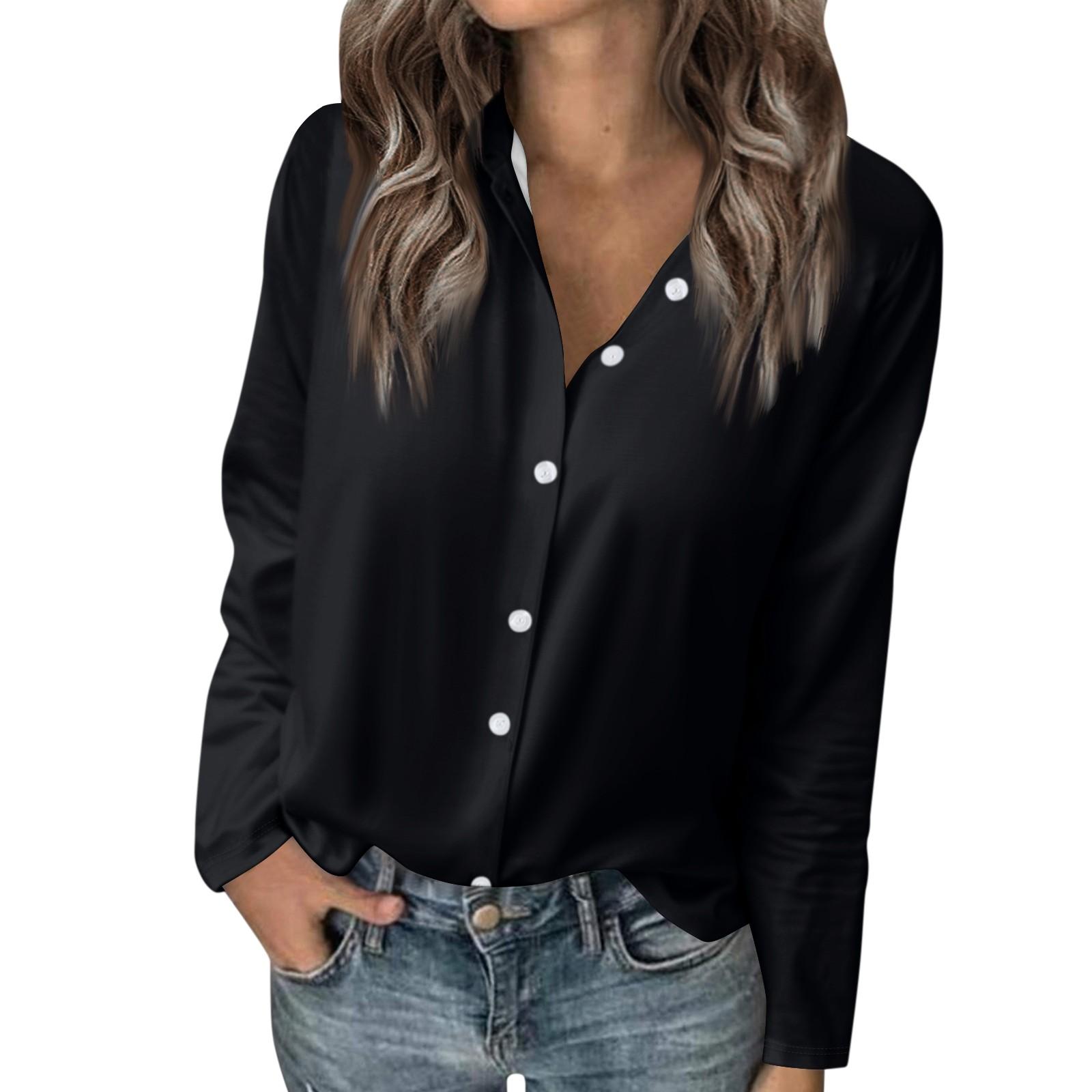 

Женская футболка, однотонная женская рубашка на пуговицах с длинным рукавом, блузка, повседневные топы S чёрный