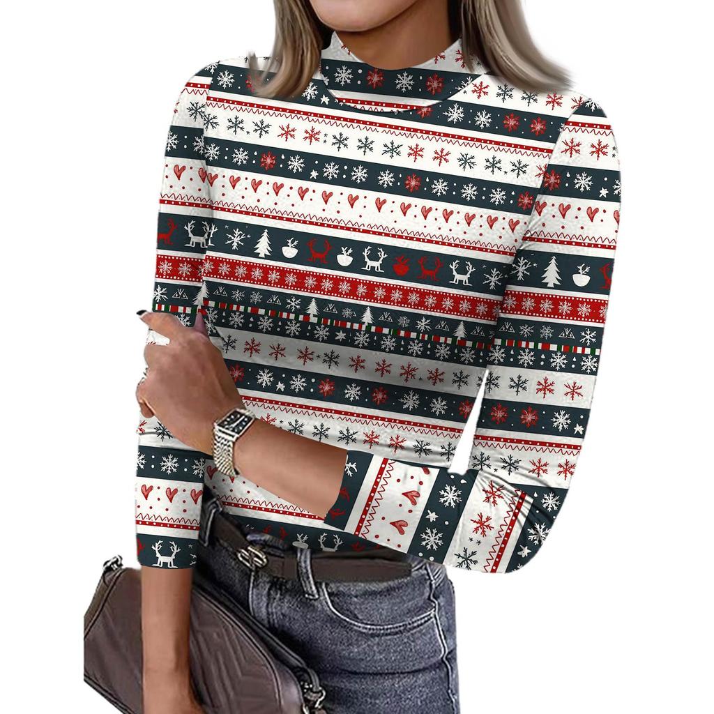 Damen Slim Bottom T-Shirt Mode Lässig Farbverlauf Druck Rundhals Pullover 3/4 Ärmel Top