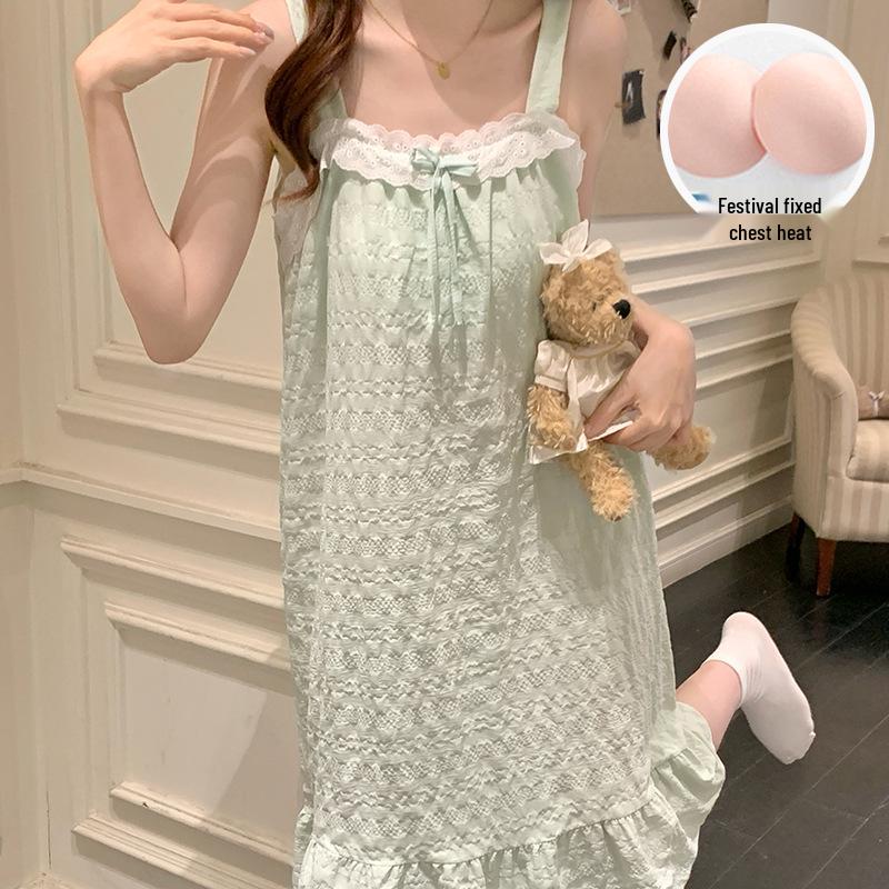2026 Summer Sweet Princess Woven Cotton Nightgown with Chest Pads – Women's Long Camisole Loungewear