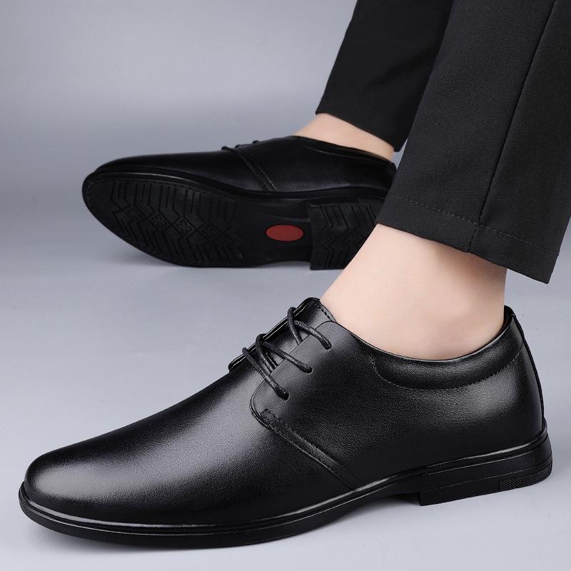 Men's Business Casual Leather Lace-Up Shoes - Low-Top, Flat Bottom, Cowhide Upper, British Gentleman Style.