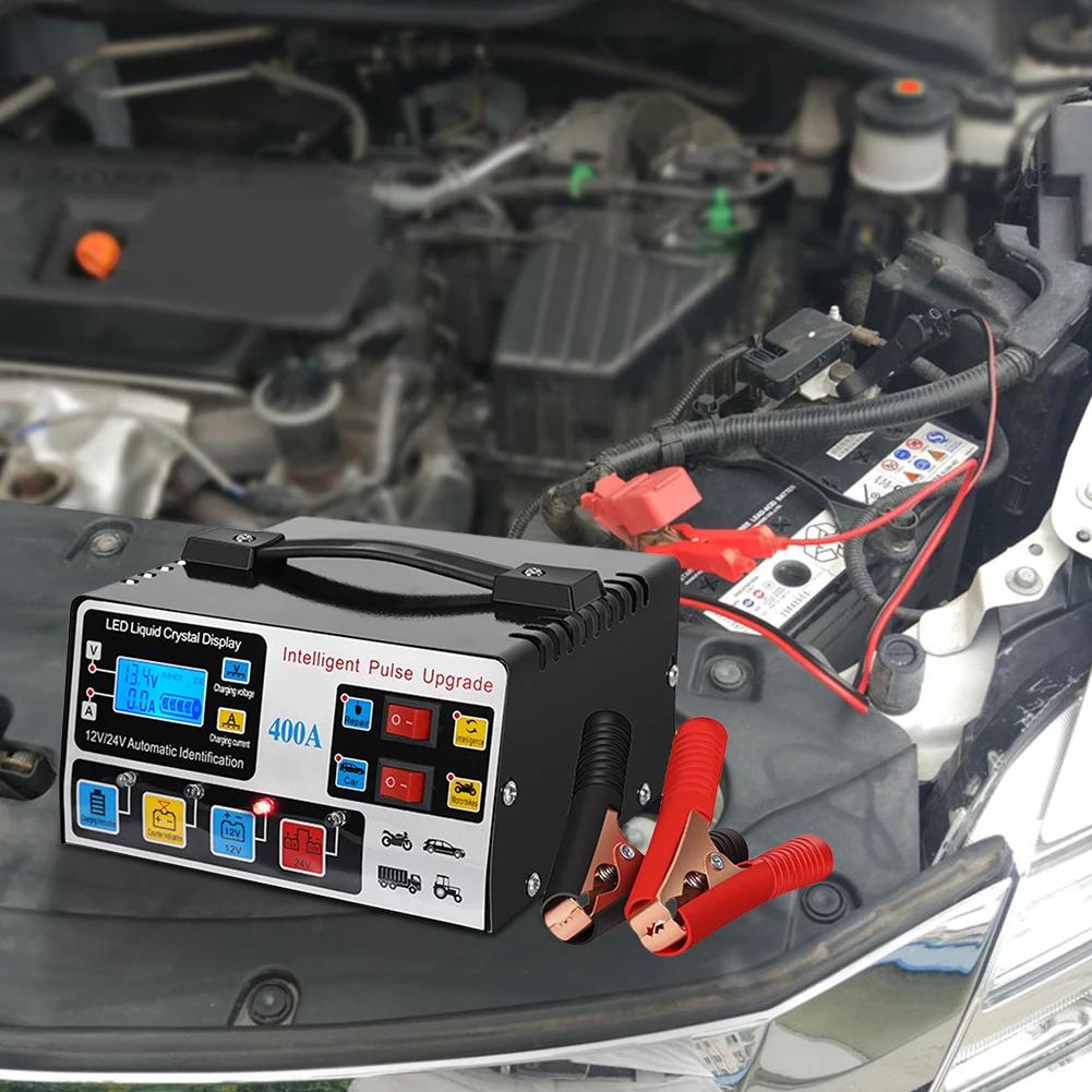 400A Battery High Power Fast Charger 12V/24V Automatic Car Intelligent Pulse Repair Charger LCD Display Self-Stop Battery Charge