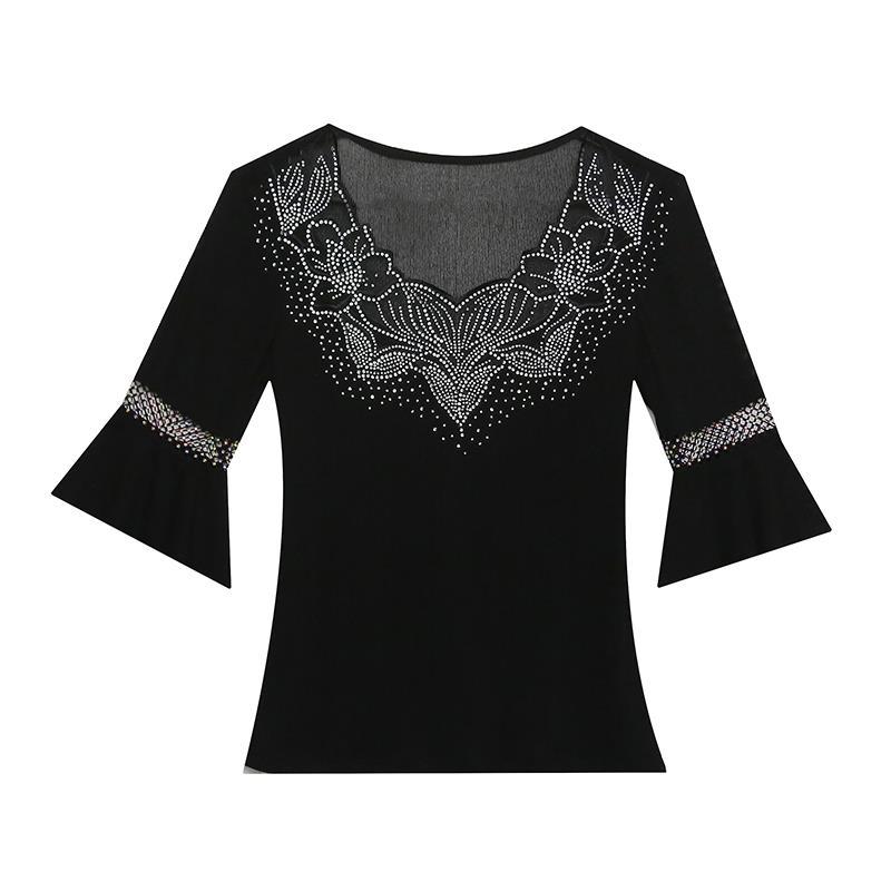 Women Summer Korean Clothes Patchwork Shiny Diamonds Tops Half Flare Sleeve Slim Street Tees