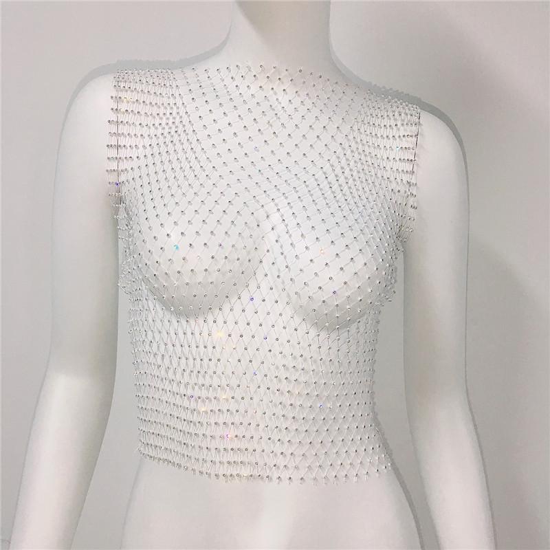 

European & American Rhinestone Sleeveless Fishnet Top for Women S