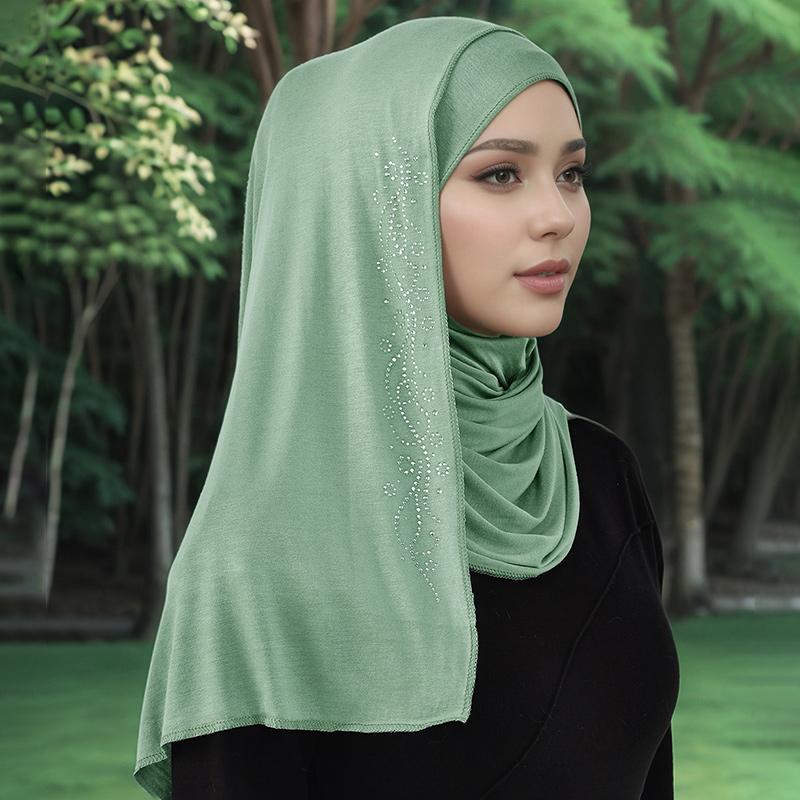 Premium Cotton Jersey Instant Hijab With Rhinestones Double Loop Muslim Headwrap Islamic Headscarf Scarf Islamic Headband Turban