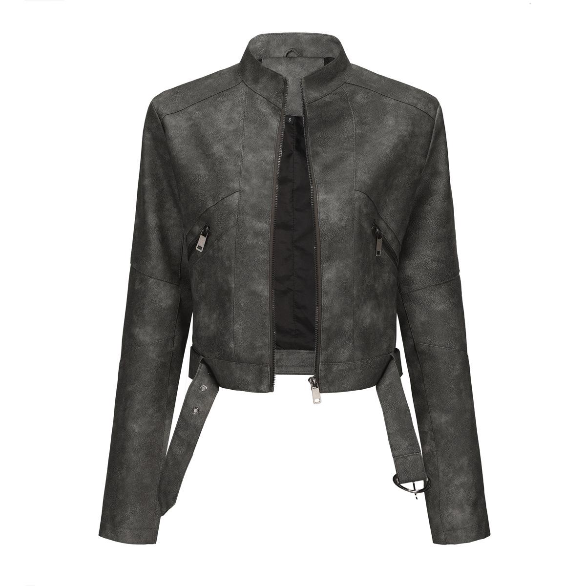 

Осень-зима Женская приталенная куртка из искусственной кожи с воротником-лацканами и длинным рукавом на молнии XXXL серый