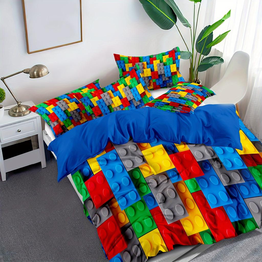 Modern Duvet Cover Set Building Blocks Print Washable Polyester Bedding Set Soft Comfortable And Breathable Duvet Cover