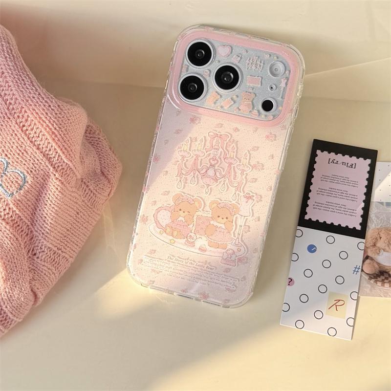 Cute Kawaii Pink Plaid Teddy Bear Phone Case For iPhone 16 15 14 13 Glitter Chandelier Print Protective Cover for Girls