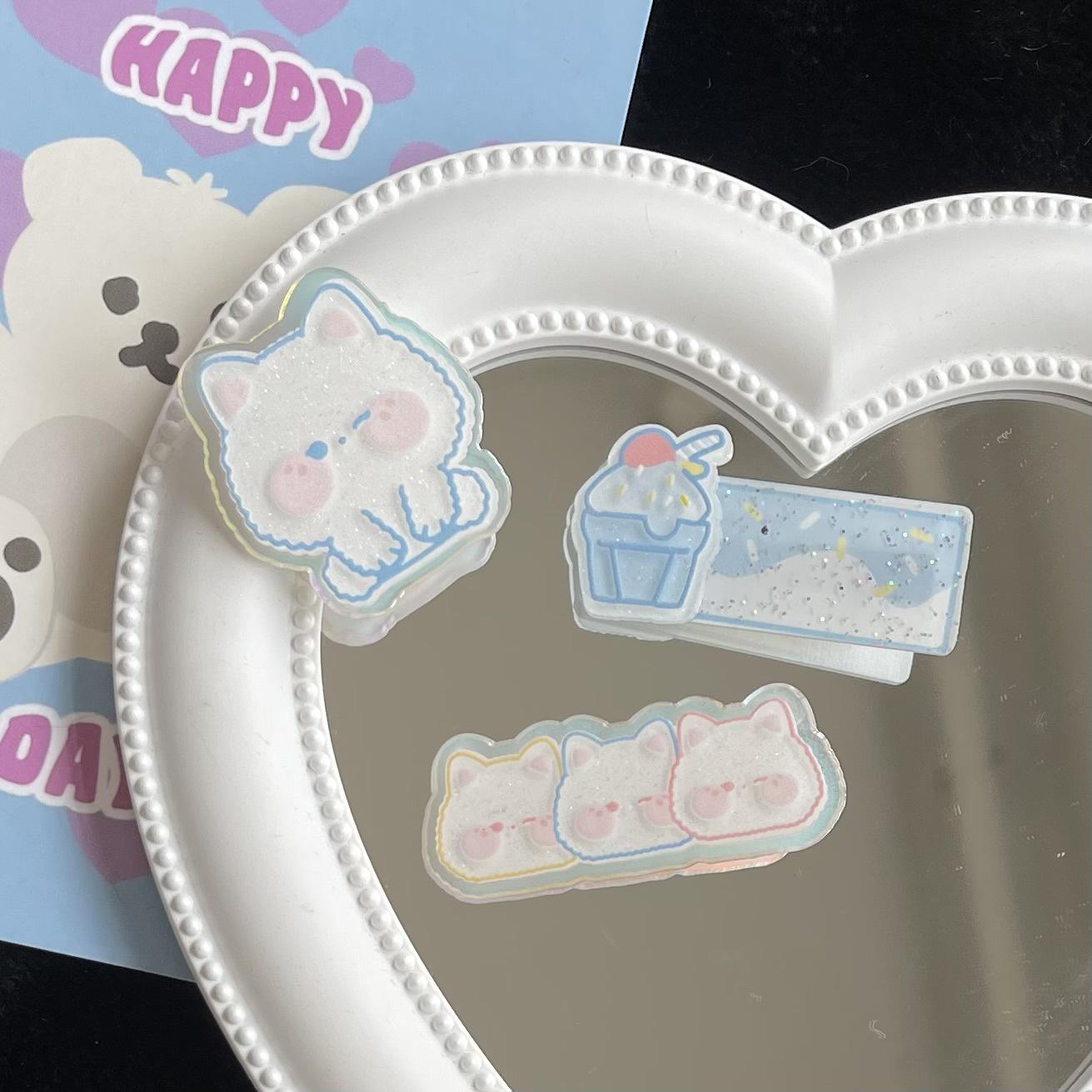 

Набор из трех мультяшных акриловых заколок для волос - Милые лазерные дизайны с кроликом и кошкой для девочек