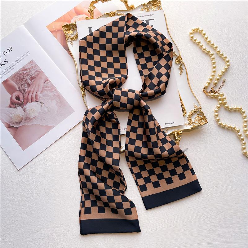 Chessboard silk scarf, foreign style scarf, imitation silk, double-sided scarf, thin and narrow strip, black and white simple and versatile silk scarf