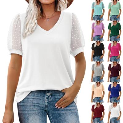 Women Casual Loose Shirts V Neck Short Sleeve Puff Sleeve Tops  T-shirts Tee