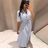 LYRIA Casual Ριγέ Γυναικείο Φόρεμα Πιέτα Μονόκουμπο Τετράγωνο Μανίκι Στενή Μέση Μακριά Φορέματα Νέα Γυναικεία Μόδα Ρόμπα Διακοπών