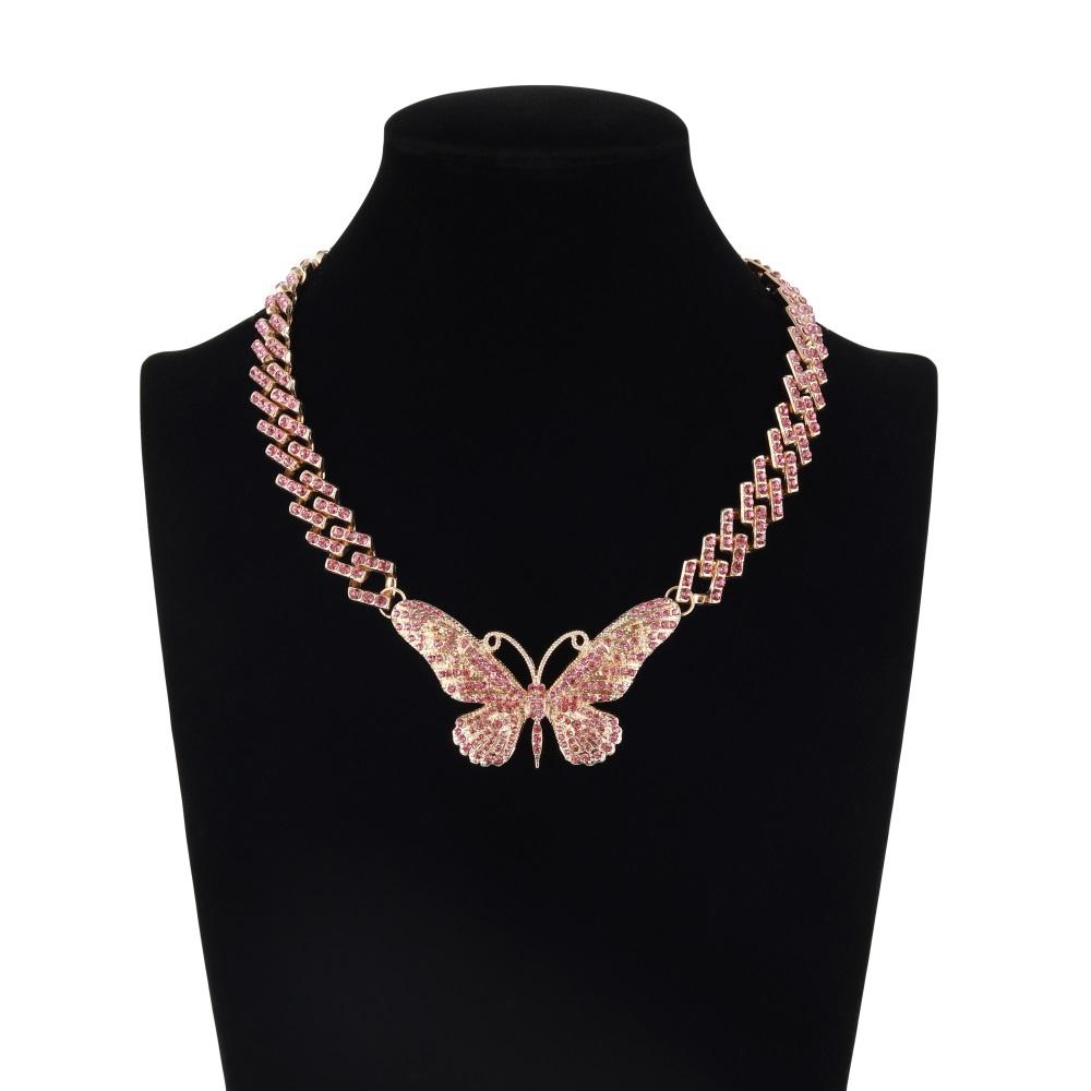 Thick Cuban Link Chain Big Butterfly Necklace For Women Rhinestone Choker Girls Jewelry
