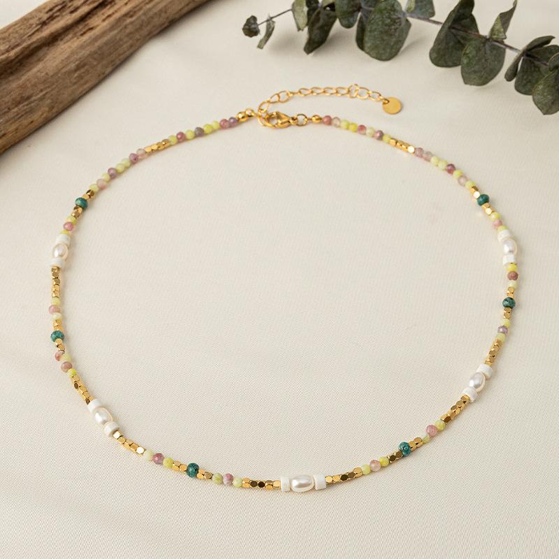 GEMCHIC Women s Colorful Natural Stone Pearl Beaded Necklace, Geometric Gold Chain Choker