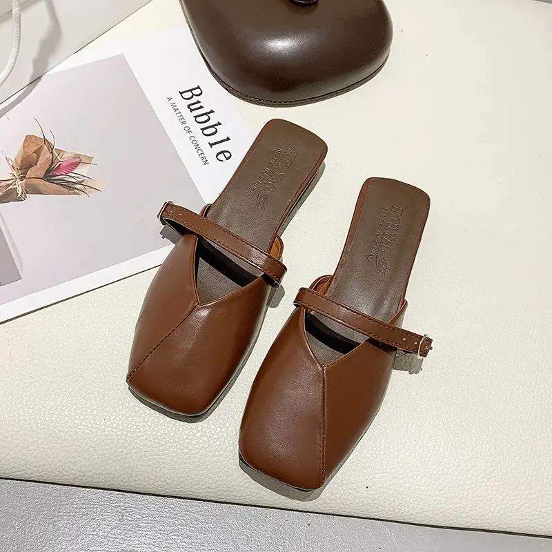 Fashion Women's Slippers And Ladies Sandals Job Flat Brown Shoes Slides Outside Mules Leather On Offer Young On Sale Low Price Footwear