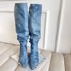 European and American style pointed high tube pleated piled boots women's 2025 autumn fine heel denim high heel knee boots