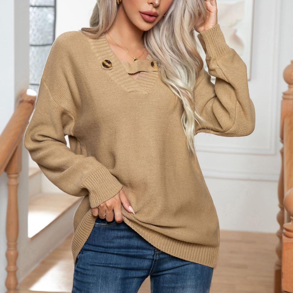 IHUASU Women's Design Button Sweater Women's Loose Autumn and Winter Long Sleeve Knitwear
