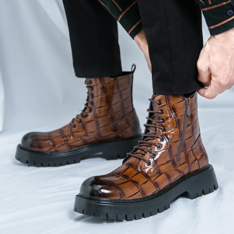 Fashion Luxury Brand Men's Autumn and Winter Crocodile Leather Side Zipper High Top Boots Fashionable New Men's Comfortable Short Boots