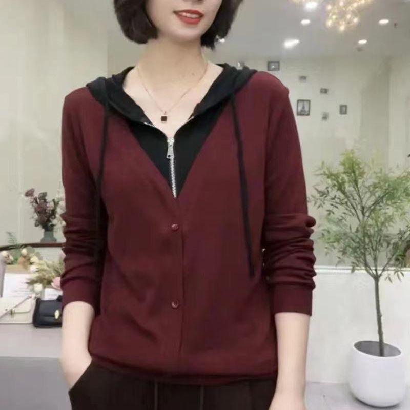 Spring Autumn Fake Two Pieces Casual Fashion Hoodies Women Patchwork All-match Zipper Pullover Hooded Top