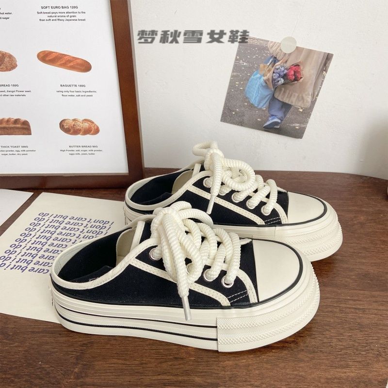thick-soled two-wearing canvas shoes for women's summer thin niche world is still versatile, retro lazy people pedal trendy little white shoes