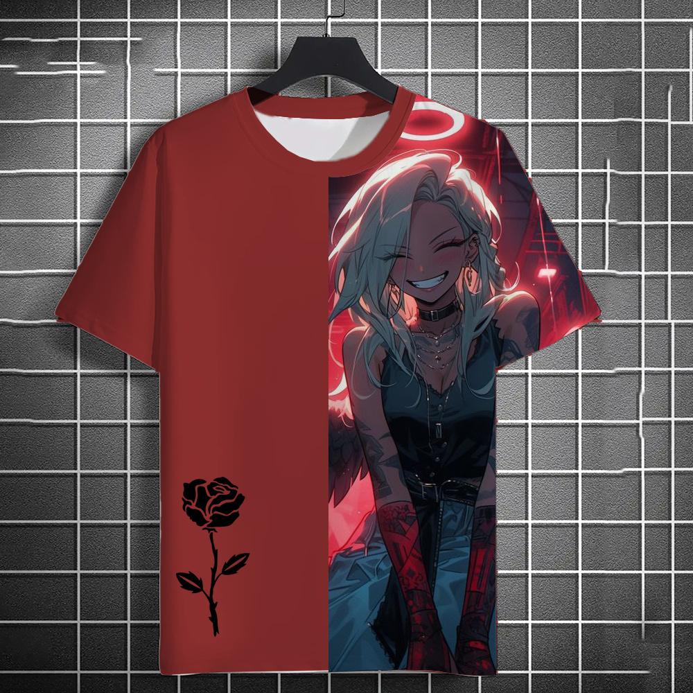 Summer Anime Girls Rose 3D Print T-Shirts Streetwear Men Fashion Oversized O-Neck Short Sleeved T Shirt Tees Tops Clothing