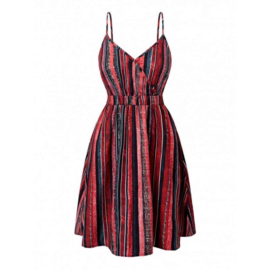 Women's V Neck Sleeveless Mini Dress Loose Elastic Waist Striped Wrap Sundress