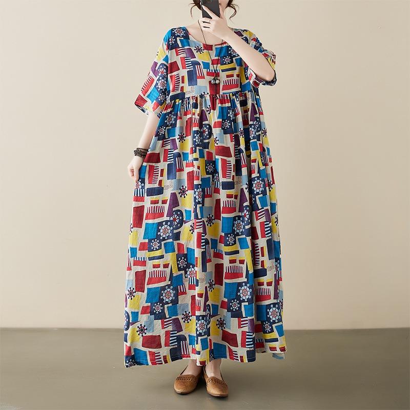 Simple literary and idyllic summer new loose and thin bohemian foreign trade short-sleeved dress, women