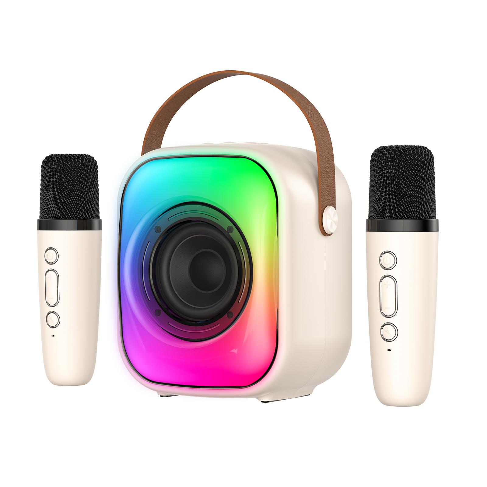 

ONIKUMA Мини-караоке-машина с двумя беспроводными микрофонами, портативная Bluetooth-колонка с RGB-подсветкой, поддержка динамиков для карт TF/USB, вход AUX 18*12*9cm покинуть белый