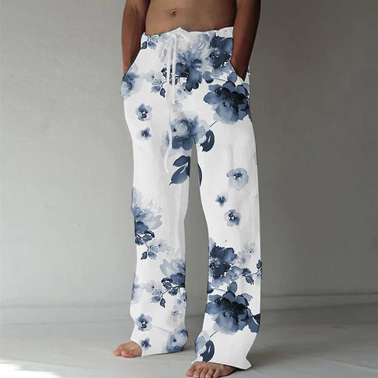 

Men s Loose Casual Color Cotton Linen Trousers Elastic Tie Printed Straight Pants XXXL білий