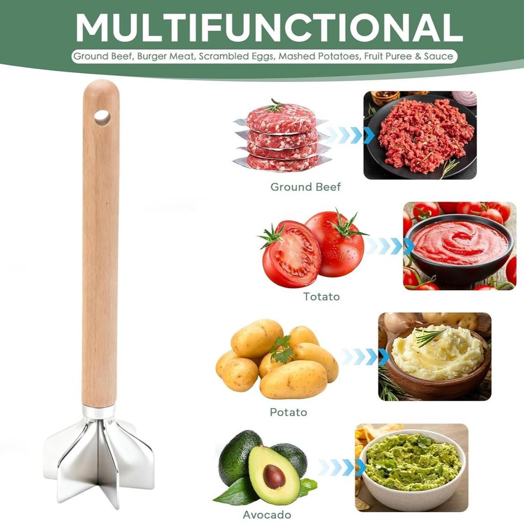 Meat Chopper with Wooden Handle & Non-Stick Coating Heavy Duty Food Masher for Potato Vegetable Beef Nut, Home Restaurant Use