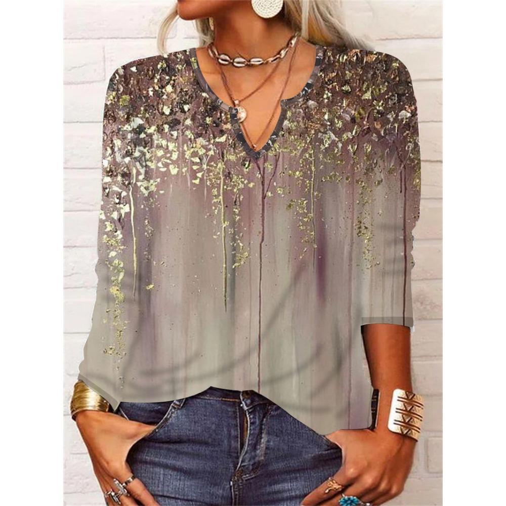 GMXIA Autumn Loose Long Sleeve Flower Bold V-neck T-shirt Base for Women