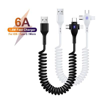 6A 3in1 1.8M Spring Charging Cable For Huawei Xiaomi Sansung Super Fast Charge Data Cable USB A To Micro USB Type-C For IPhone