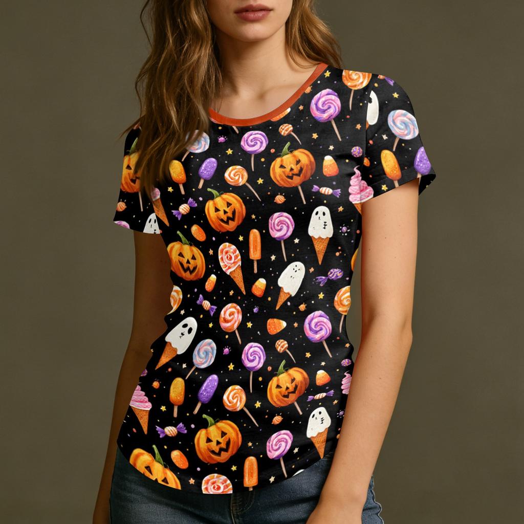 Women's Halloween Print Short Sleeve Neck Loose Fit T-Shirt for Party Casual Wear