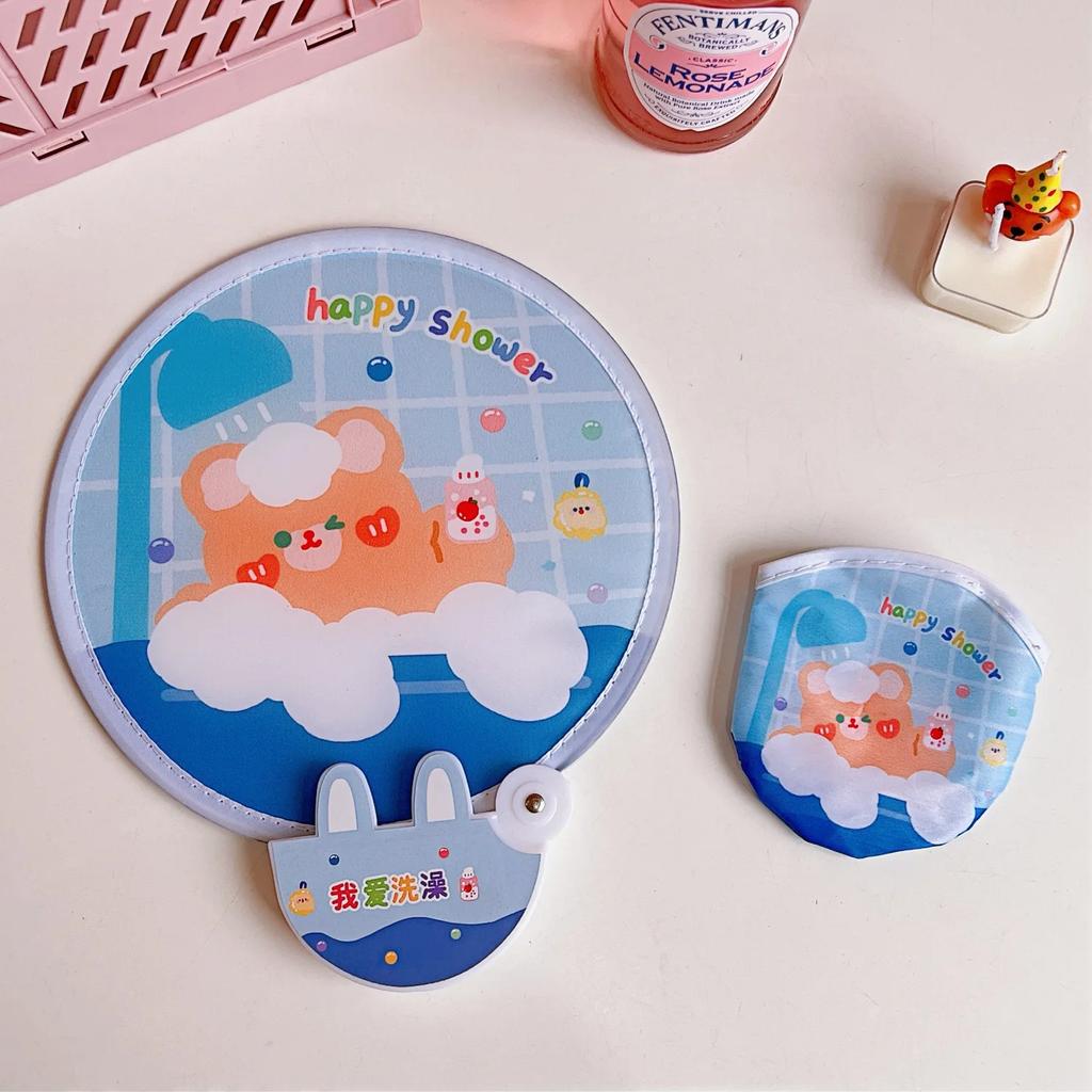 Lovely Japanese Folding Round Fan Summer Portable Mini Cartoon Handle Cloth Net Red