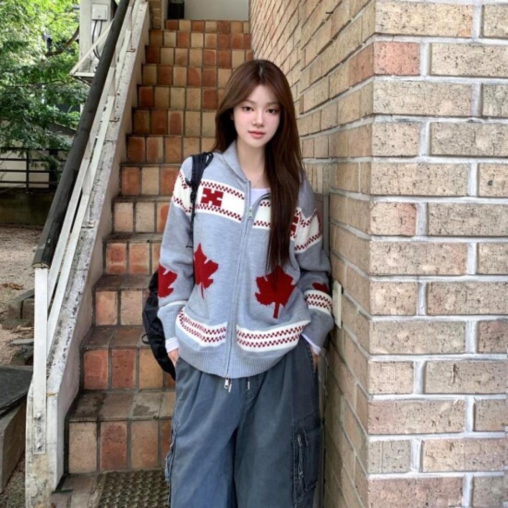 New Arrivals Open Run Women Loose Fit Nordic Pattern Long Sleeve Zip Up Knit
