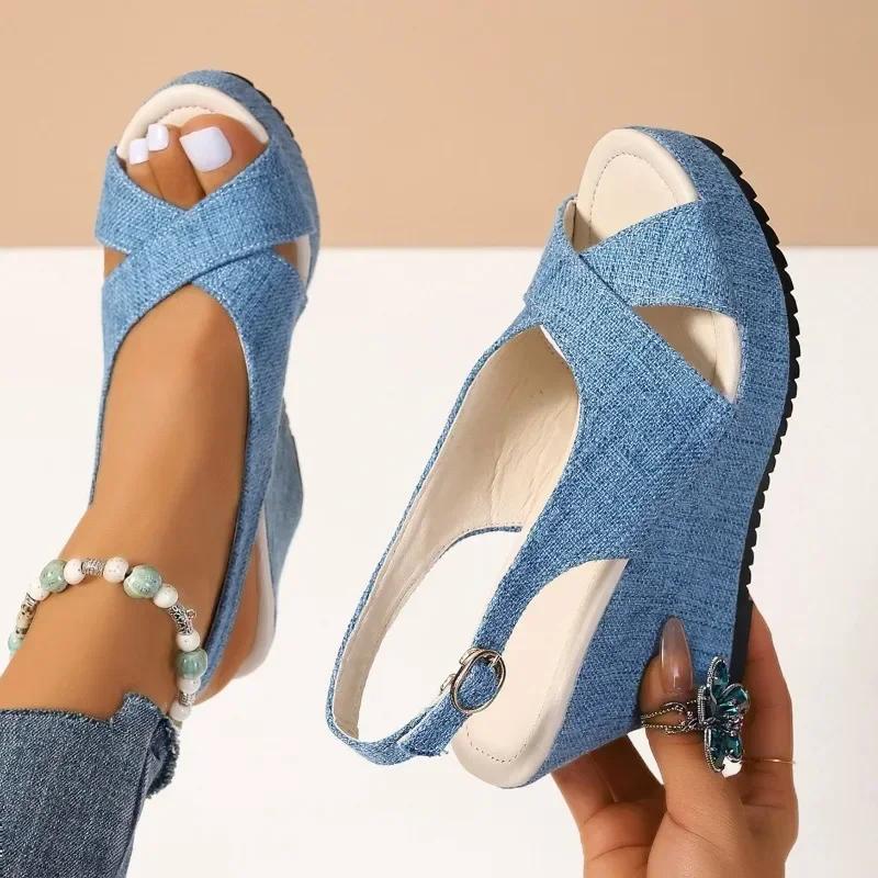 2024 NEW Shoes for Women Ankle Buckle Wedges Sandales Femmes Summer Denim Sandal Comfortable Thick Sole Sandalias Heels Women 43
