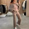 2 szt./zestaw Damski Zestaw Top i Spodnie Odkryte Ramiona Długie Rękawy Nietoperz Bluza Elastyczna Talia Rozszerzane Spodnie Dresowe Strój Sportowy Jesienny Casualowy Dres