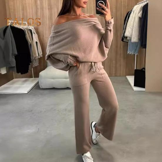 2 szt./zestaw Damski Zestaw Top i Spodnie Odkryte Ramiona Długie Rękawy Nietoperz Bluza Elastyczna Talia Rozszerzane Spodnie Dresowe Strój Sportowy Jesienny Casualowy Dres