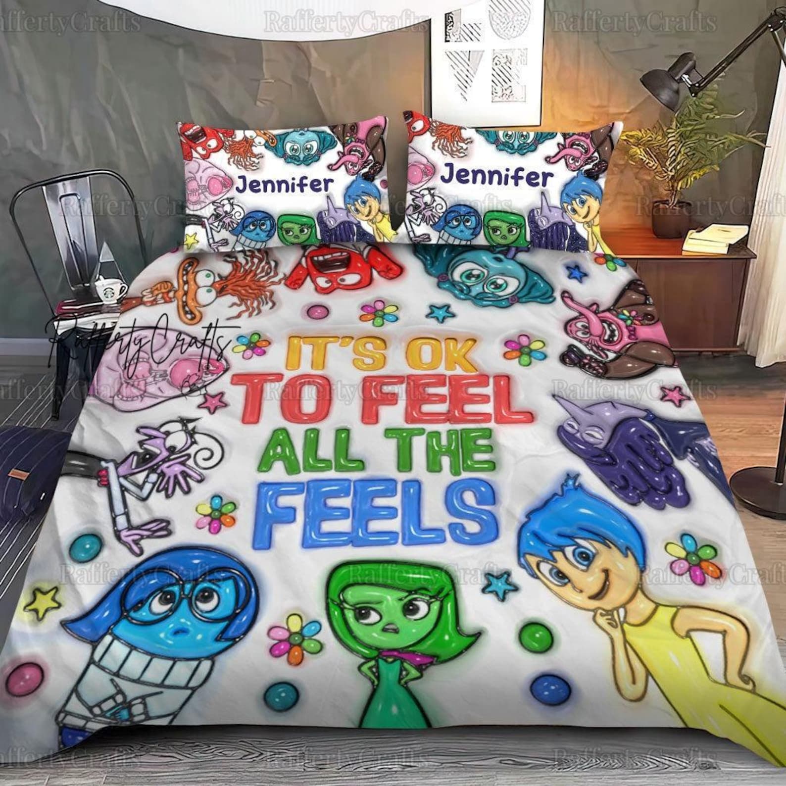 Disney Pixar Inside Out Bedding Set, Inside Out 2 Bed Set, It s Okay To Feel All The Feels Duvet Cover, Inside Out Movie Home Decor 220cm*240cm